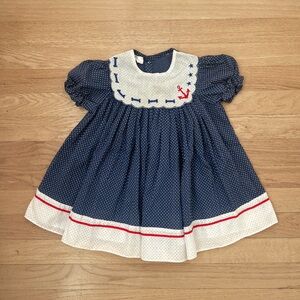 VINTAGE 70s 80s ROANNA EUC Navy Polka Dot Embroidered Sailor Style Dress